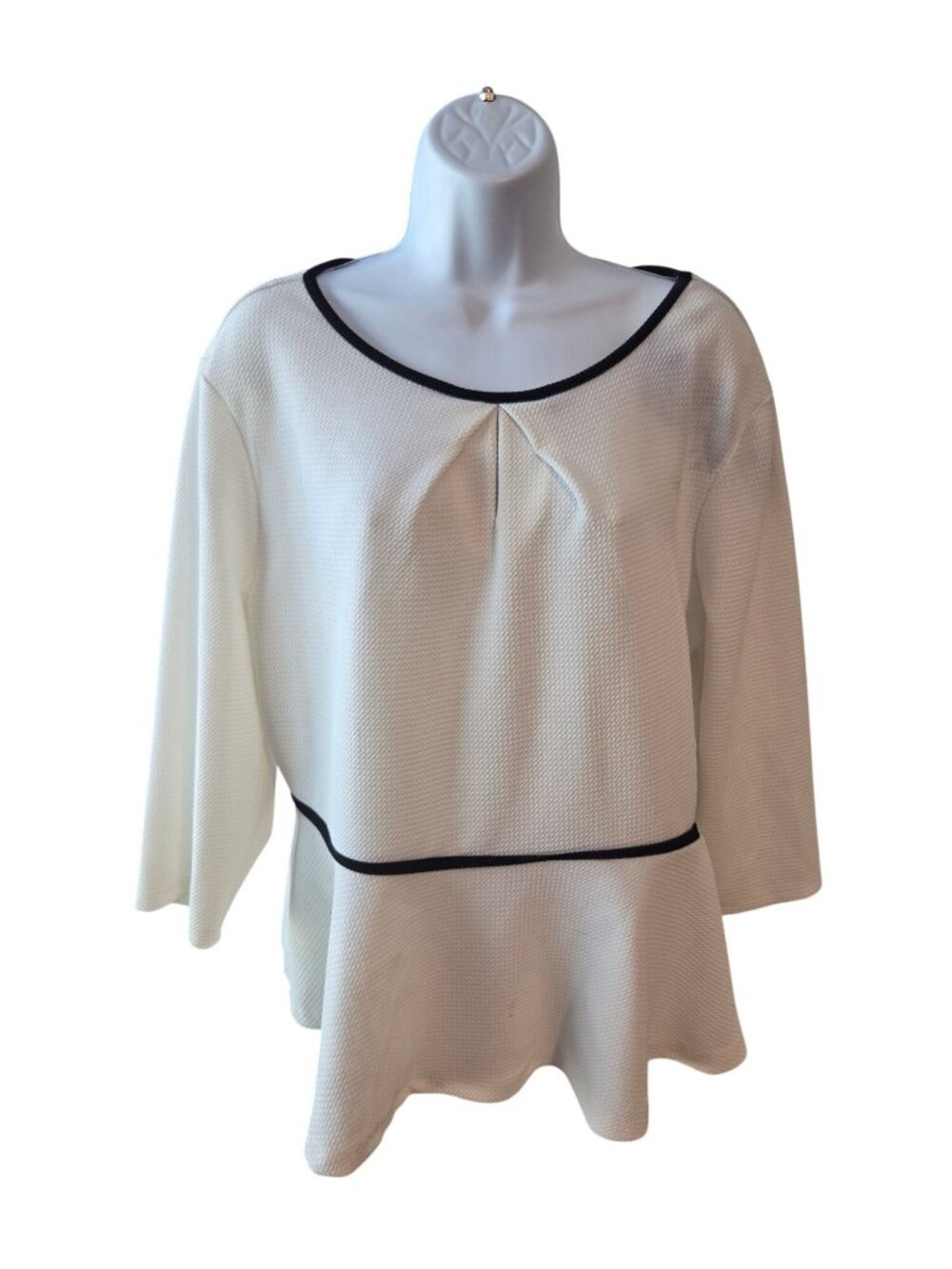 ELLE Womens XXL White Peplum Top Black Trim 3/4 Sleeve Preppy Office Blouse
